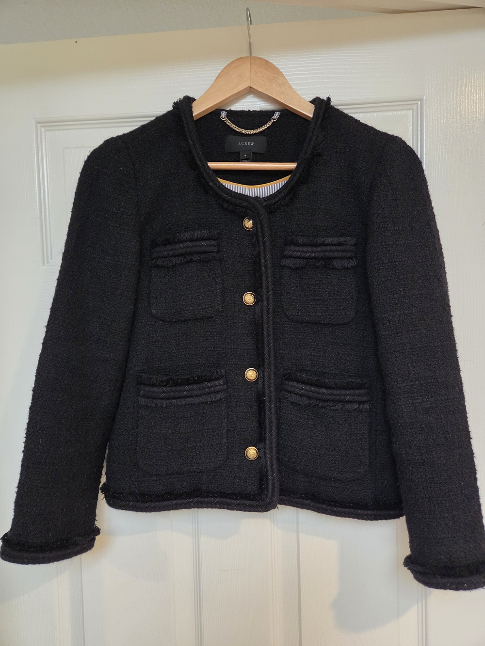 J.Crew Black Cropped Tweed Lady Jacket Gold Buttons Wool Blend Size 4